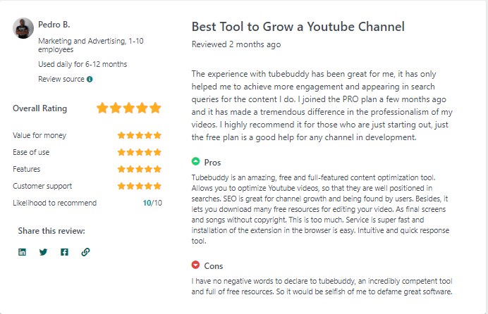 A snapshot of user review for TubeBuddy.