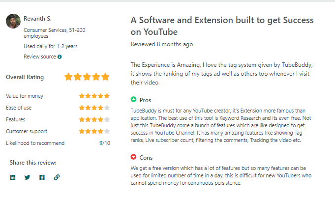 Another snapshot of the user review about TubeBuddy.