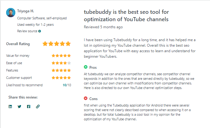 A snapshot of user review about TubeBuddy.
