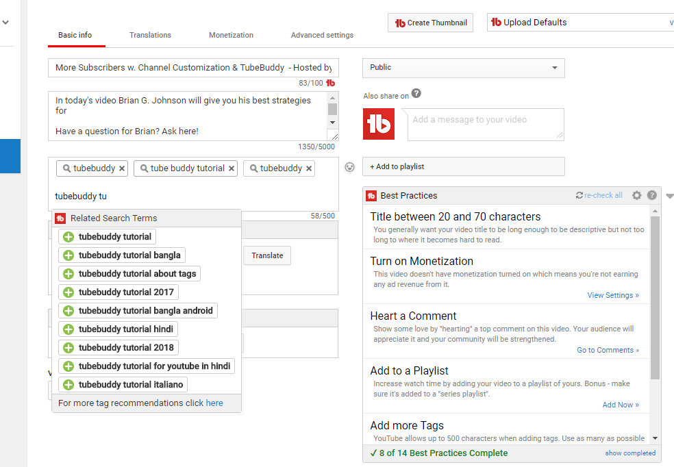 A snapshot of SEO tools and keywords research on TubeBuddy.