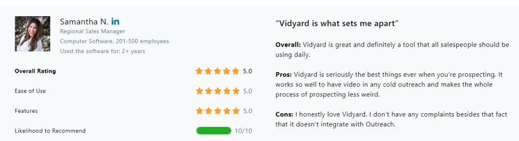 A snapshot of user review about Vidyard on Capterra.