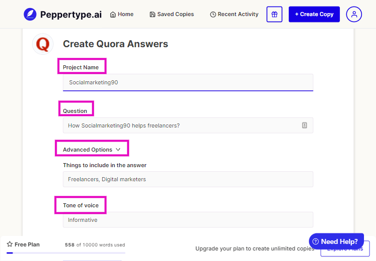 Image demonstrate that how to create Quora answers in pappertype.ai.