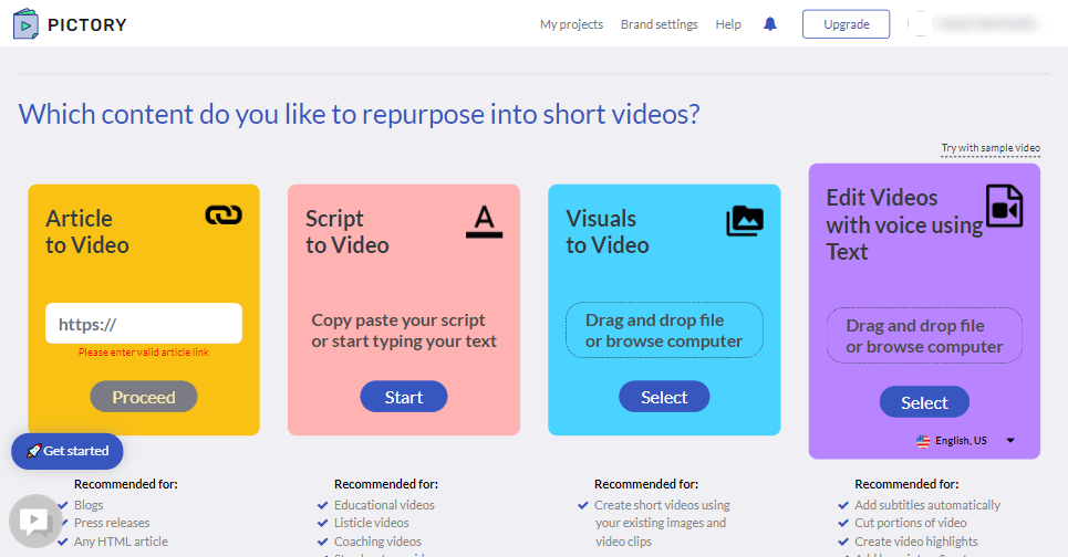 Pictory dashboard where you can select the type of content you want to repurpose.