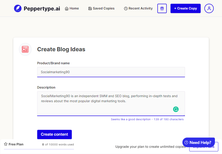Step two to get blog ideas. The image shows that now you'll add your details for what you want to write about.