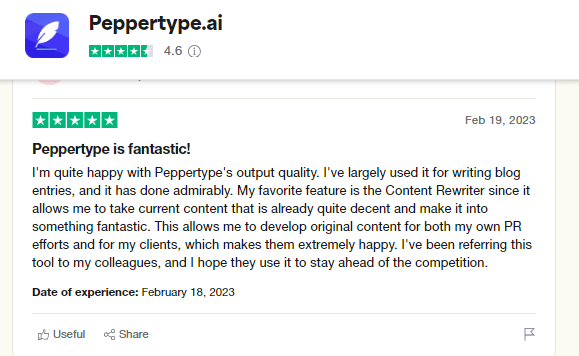 A happy user's review for Peppertype ai reviews on Trustpilot