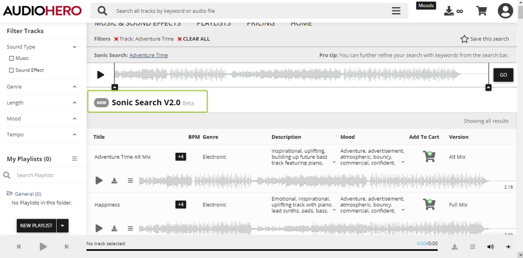 A snapshot of SonicSearch version 2.0.