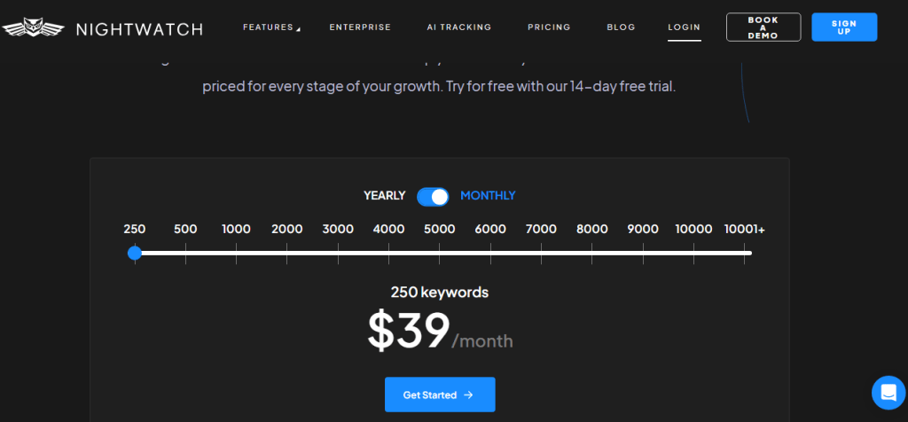 A snapshot of Nightwatch pricing page.