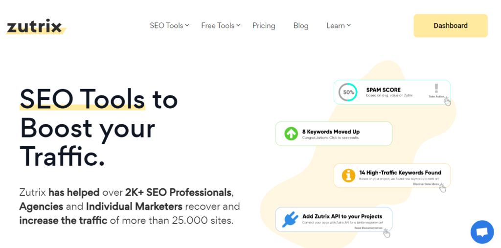 A snapshot of Zutrix homepage, where the visitor can start using the SEO tool and it's features.
