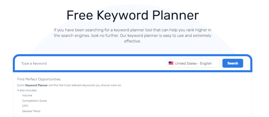 Snapshot of free keyword planner tool in Zutrix.