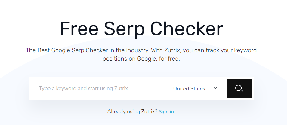 Snapshot of Free SERPs checker tool in Zutrix.