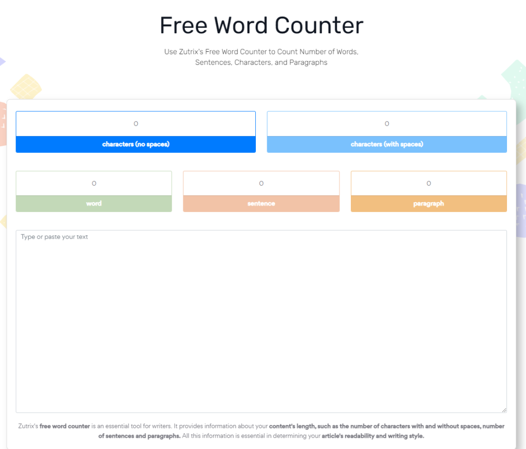 A snapshot of Free word counter tool in Zutrix.
