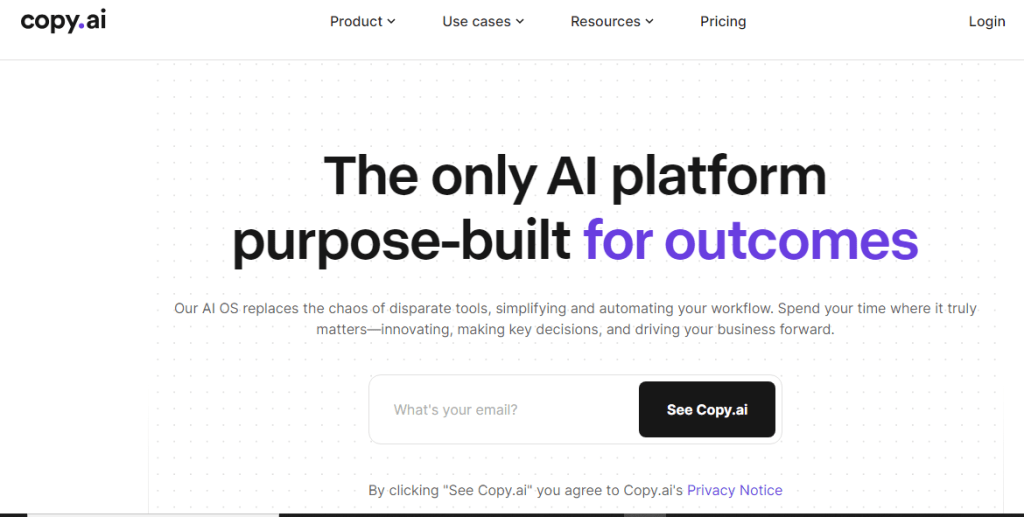 Snapshot of Copy.ai home page. Where you can start using the tool with a free login.