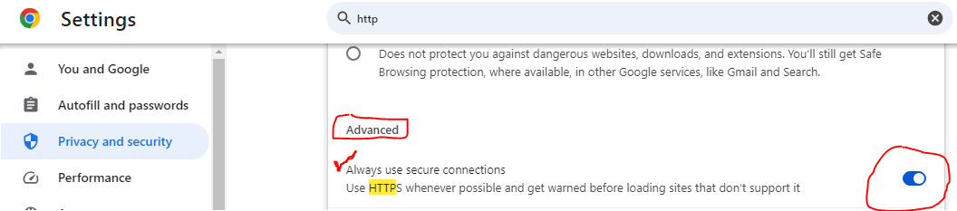 A snapshot of chrome's setting where you can enable HTTPS for safe browsing. 