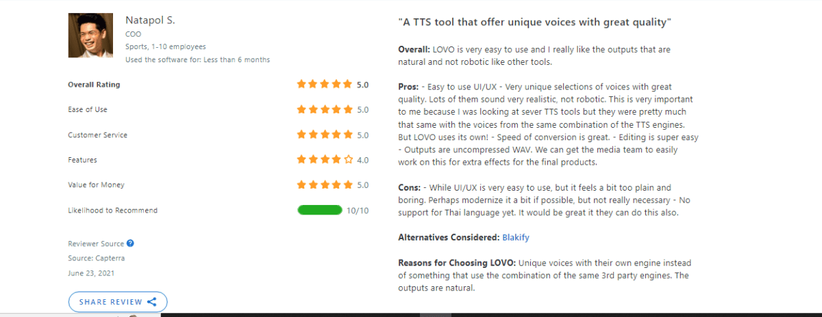 User review about LOVO AI on Capterra.